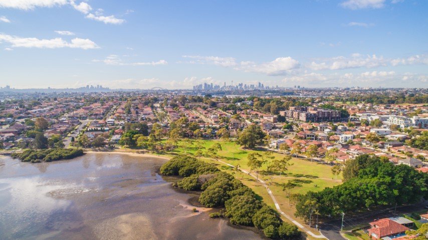 Aerial photo of Halliday Park in Five Dock and foreshore