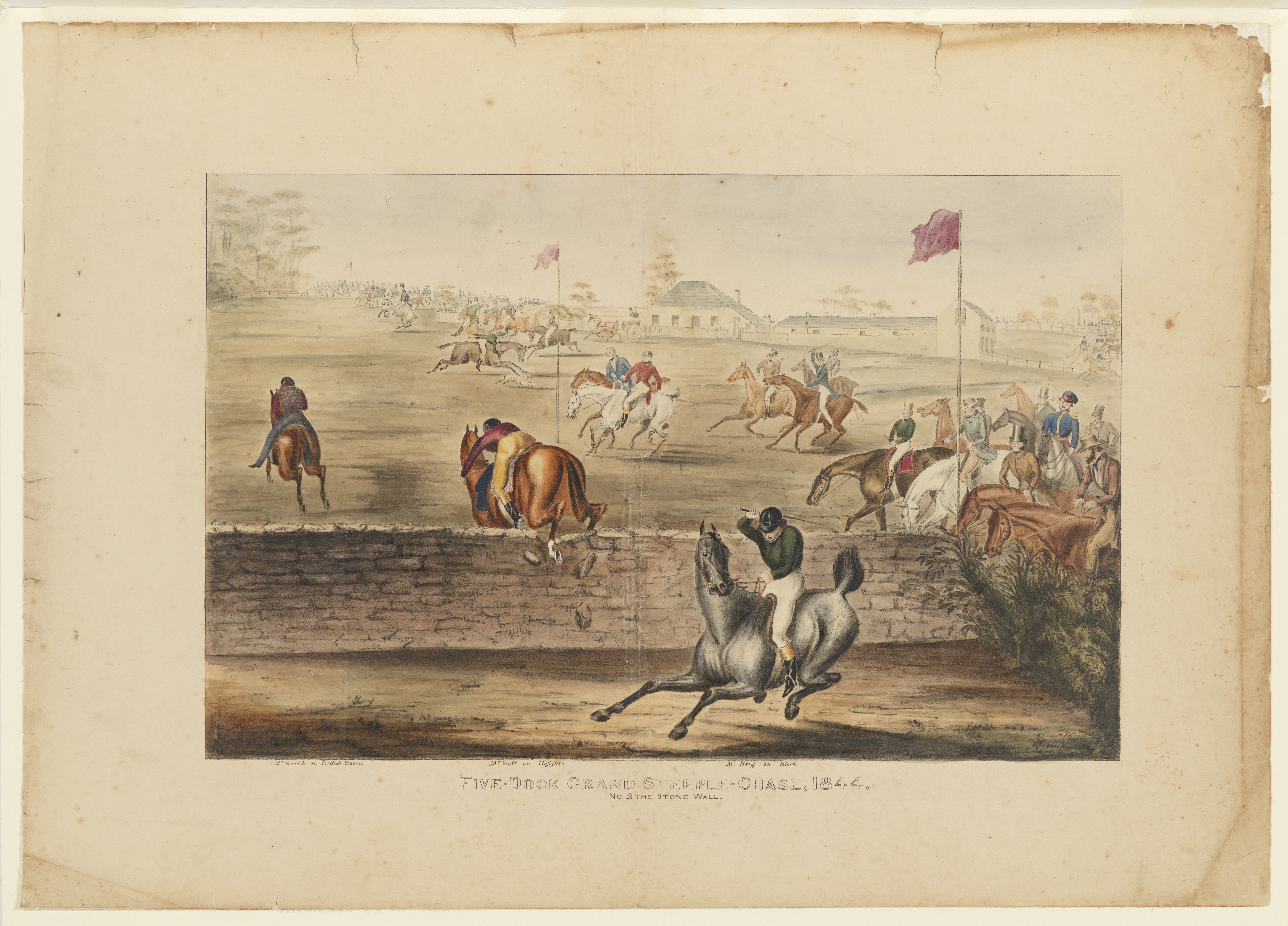 Lively painting of the Five Dock Grand Steeple Chase - held in 1844 at Russell Lea 