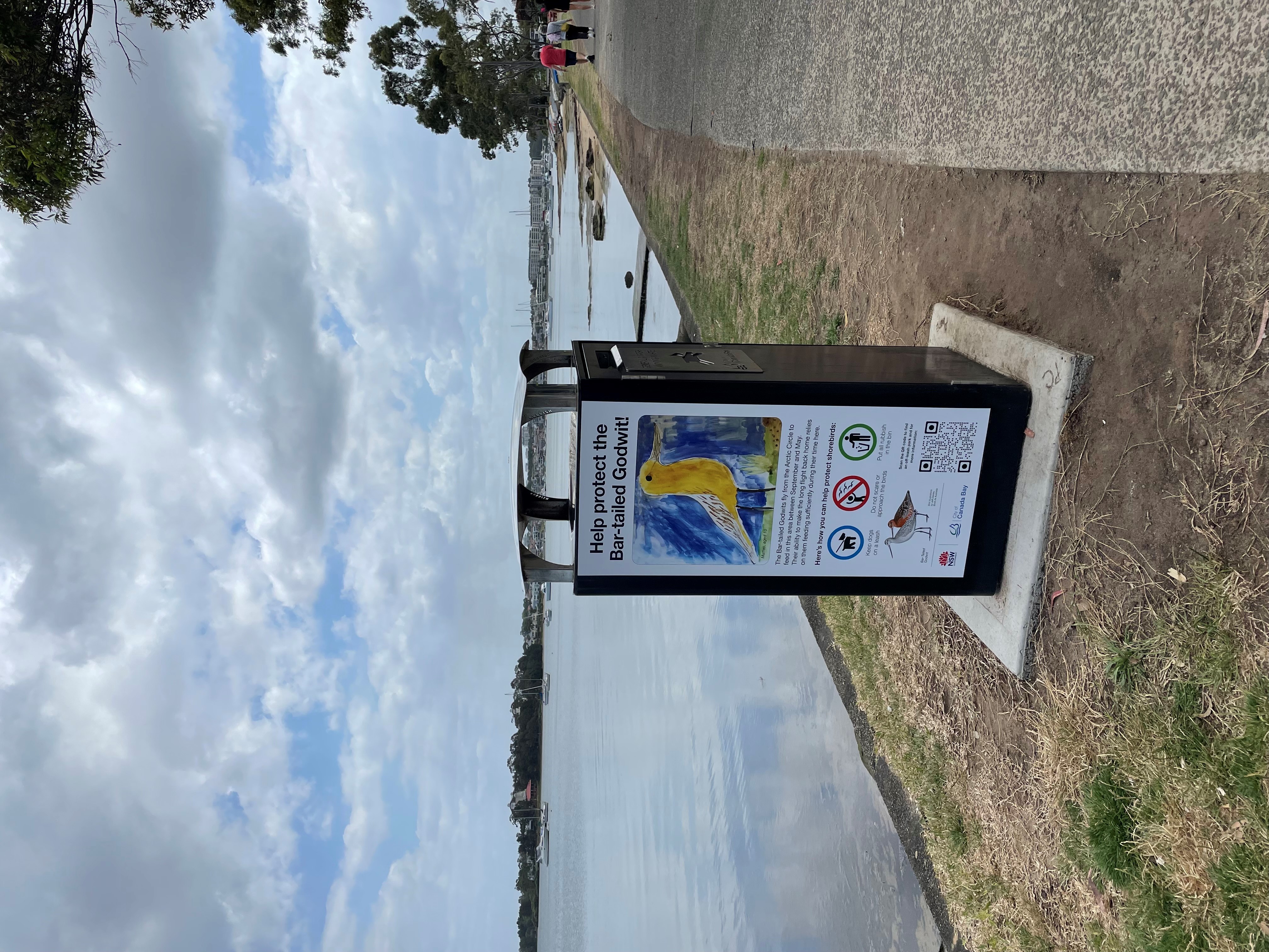 Child's Bar-tailed godwit artwork on bin at Hen and Chicken Bay