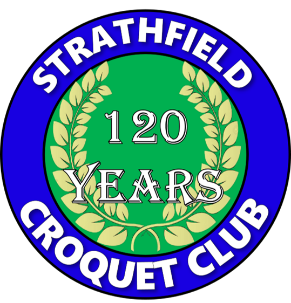 Circular Logo with name of Strathfield Croquet Club: celebrating 120 years in green and blue