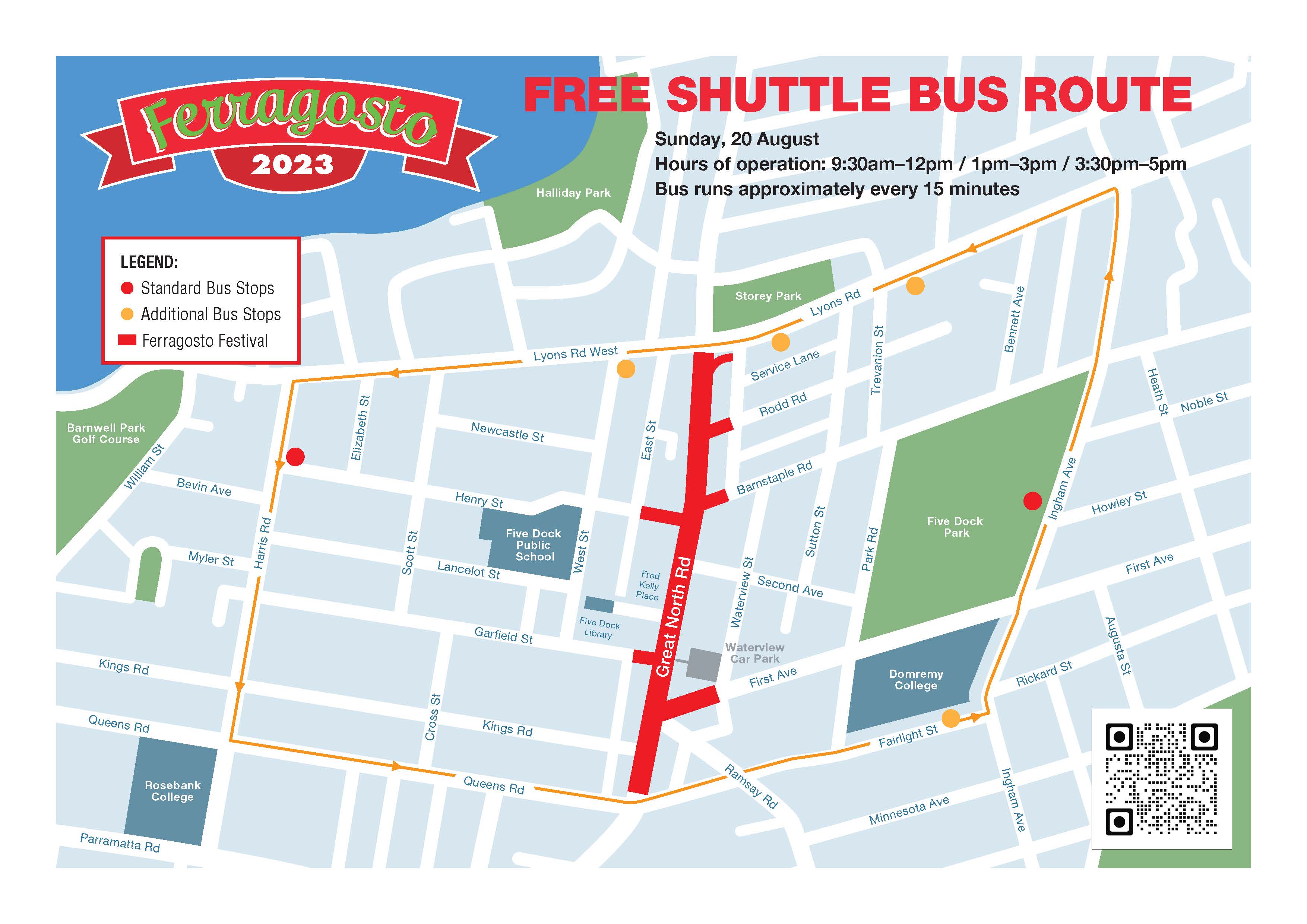 Shuttle bus map showing route of free shuttle bus along Harris Road, Queens Road, Ingham Avenue and Lyons Road West.