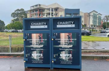 Ted Noffs Foundation charity bins in Five Dock Leisure Centre car park