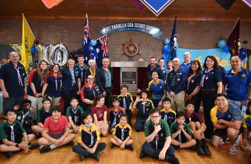 Mayor Angelo Tsirekas with representatives from the Yaralla Sea Scouts and the DSA Dragon Boat Club
