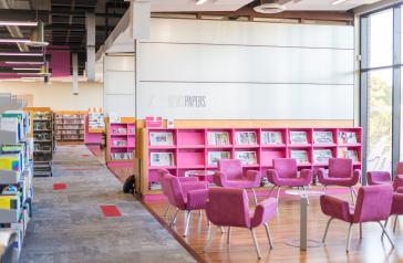 Seats and book shelves inside Five Dock Library